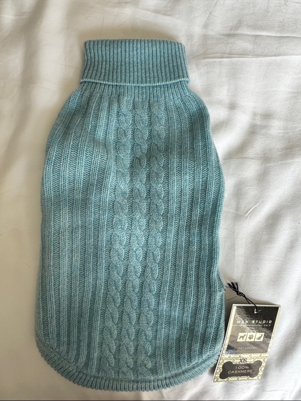 Max Studio Cable Knit Pet Sweater in Light Aqua Blue